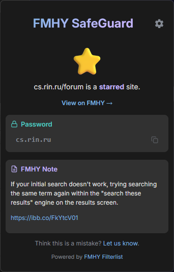 FMHY SafeGuard popup marking cs.rin.ru as starred and showing a password and FMHY note